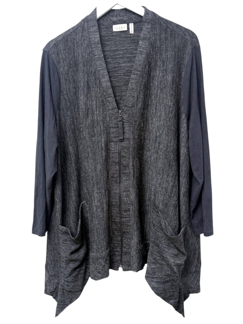 LOGO Lori Goldstein Zip Cardigan Plus Size 1X Charcoal Gray Faux Suede Sleeve